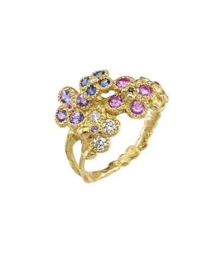 Bague Mille et une nuits Anais Rheiner pierres precieuses diamants, saphirs, or jaune 18 carat