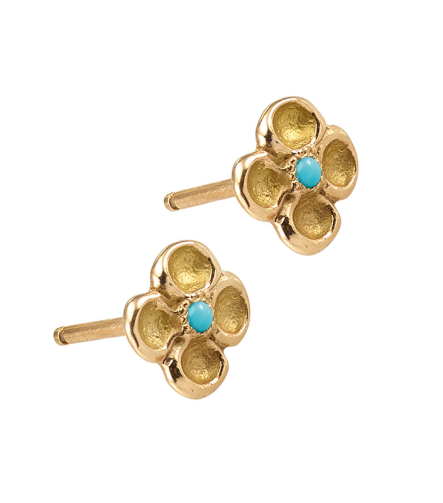 Boucles d'oreilles Rosée rose Anais Rheiner or jaune 18 carat et turquoise