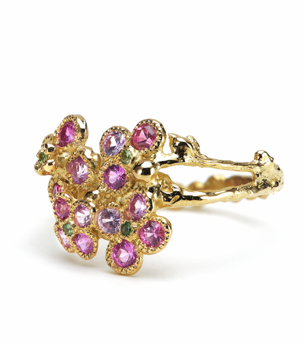 Anais Rheiner Bague Mille et une nuits rose or jaune tsavorites, spinelles roses, et saphirs roses