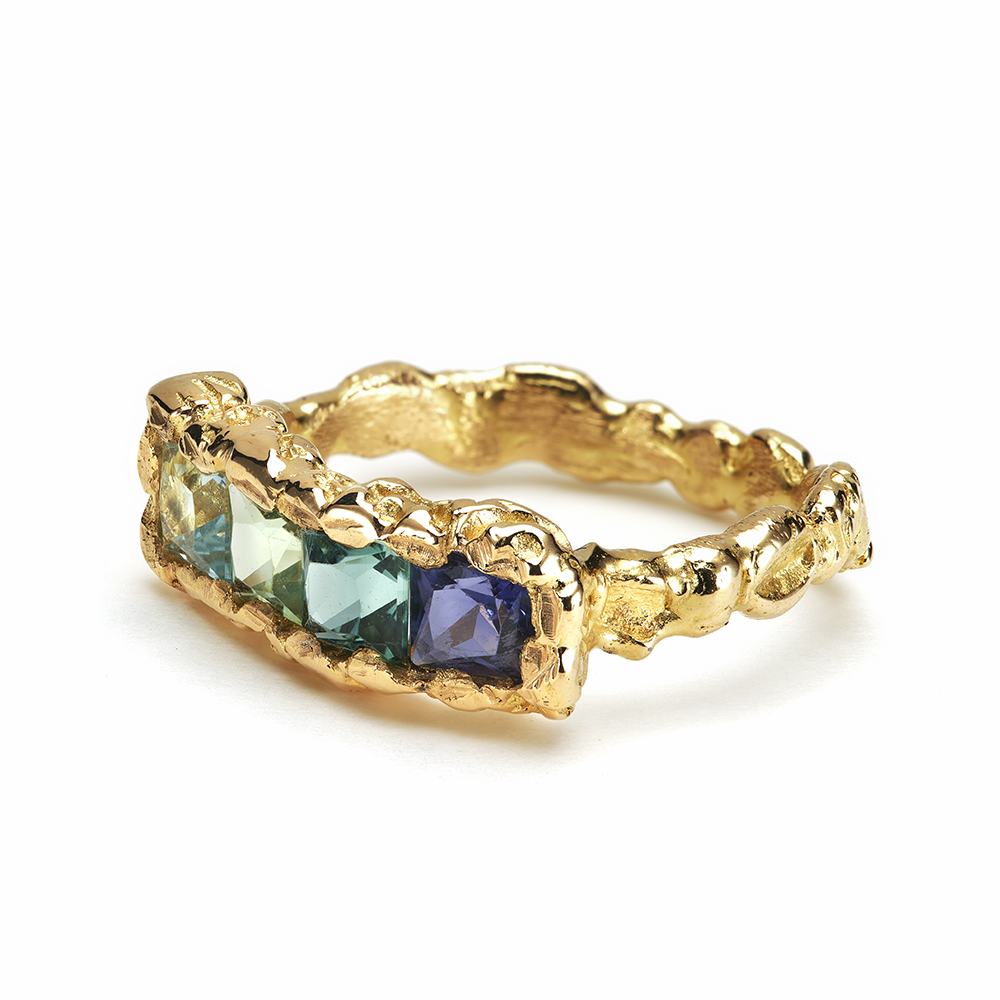 Bague Arc en ciel Or jaune tourmaline aigue-marine et iolite Bague Arc en ciel Or jaune tourmaline aigue-marine et iolite
