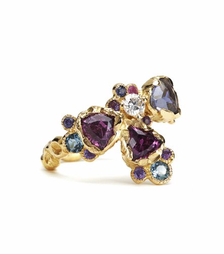 Anais Rheiner Bague Joyaux délices or jaune 18 carat diamants grenats roses et iolites